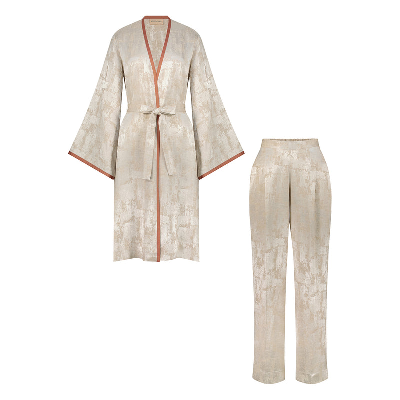 'Abundant' Linen Kimono Set With Shimmering Jacquard Pattern