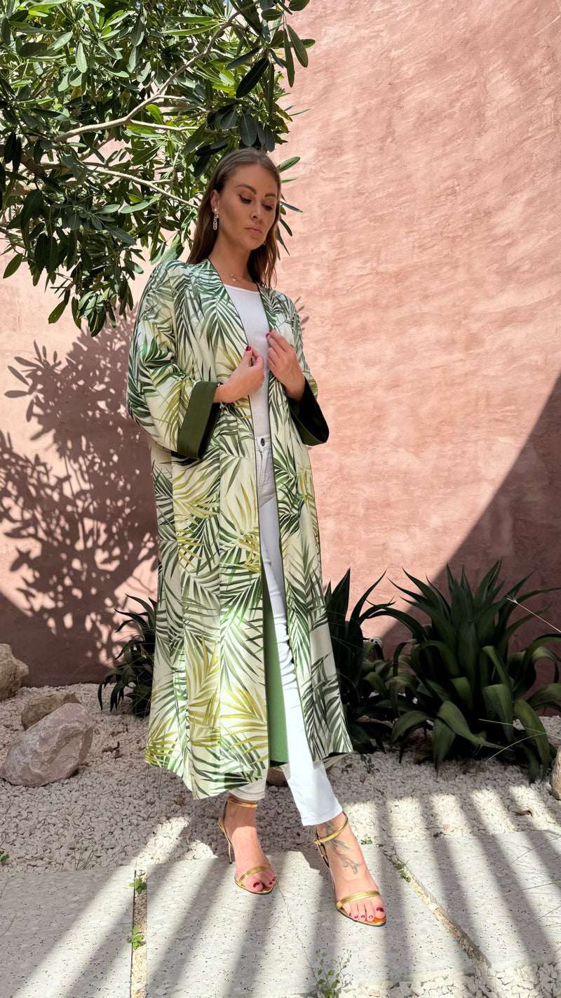 'Meadow Oasis' Silk Kimono with Palm Tree Pattern