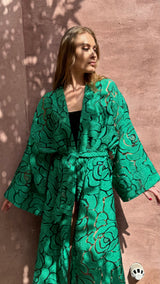 'Verdant Meadow' Oversize Kimono with Flower Motif Jacquard Fabric