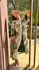 'Meadow Oasis' Silk Kimono with Palm Tree Pattern