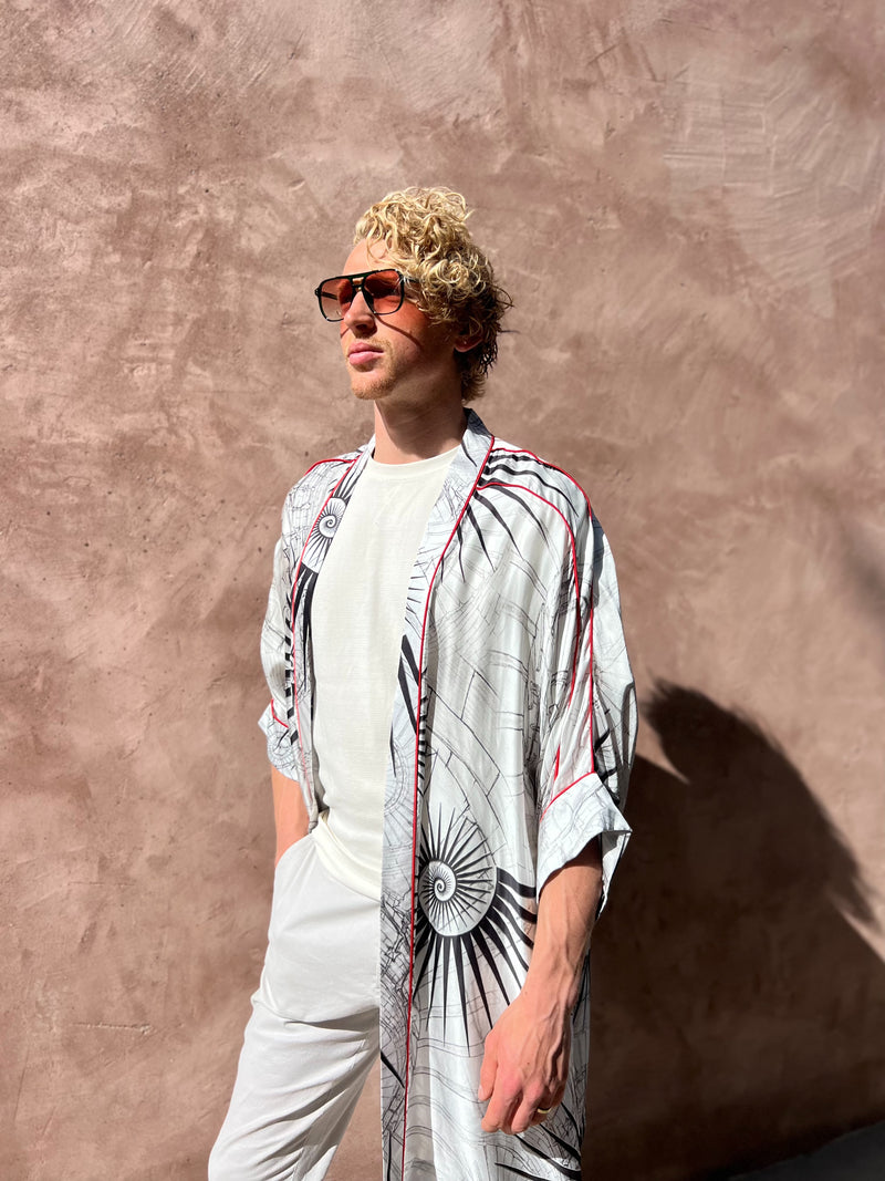 Black & White "Fibonacci Spiral" Silk Kimono
