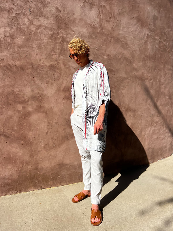 Black & White "Fibonacci Spiral" Silk Kimono